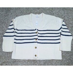 NEW Gap Stripe V-Neck Cardigan Sweater Women's Large Cream Cotton Relaxed Baggy
